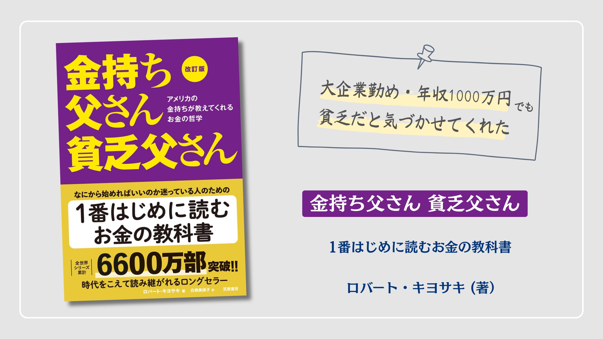 『金持ち父さん 貧乏父さん』ロバート・キヨサキ（著）の紹介アイキャッチ画像。お金の基本と考え方を学べるお金の教科書を紹介するアイキャッチ。